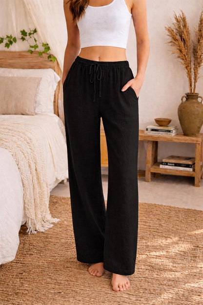 Linen Trousers Women Relaxed Fit Drawstring Wide Leg Pants
