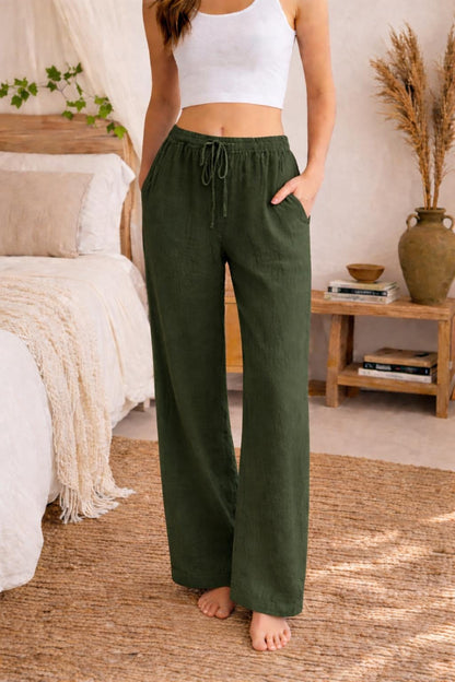Linen Trousers Women Relaxed Fit Drawstring Wide Leg Pants