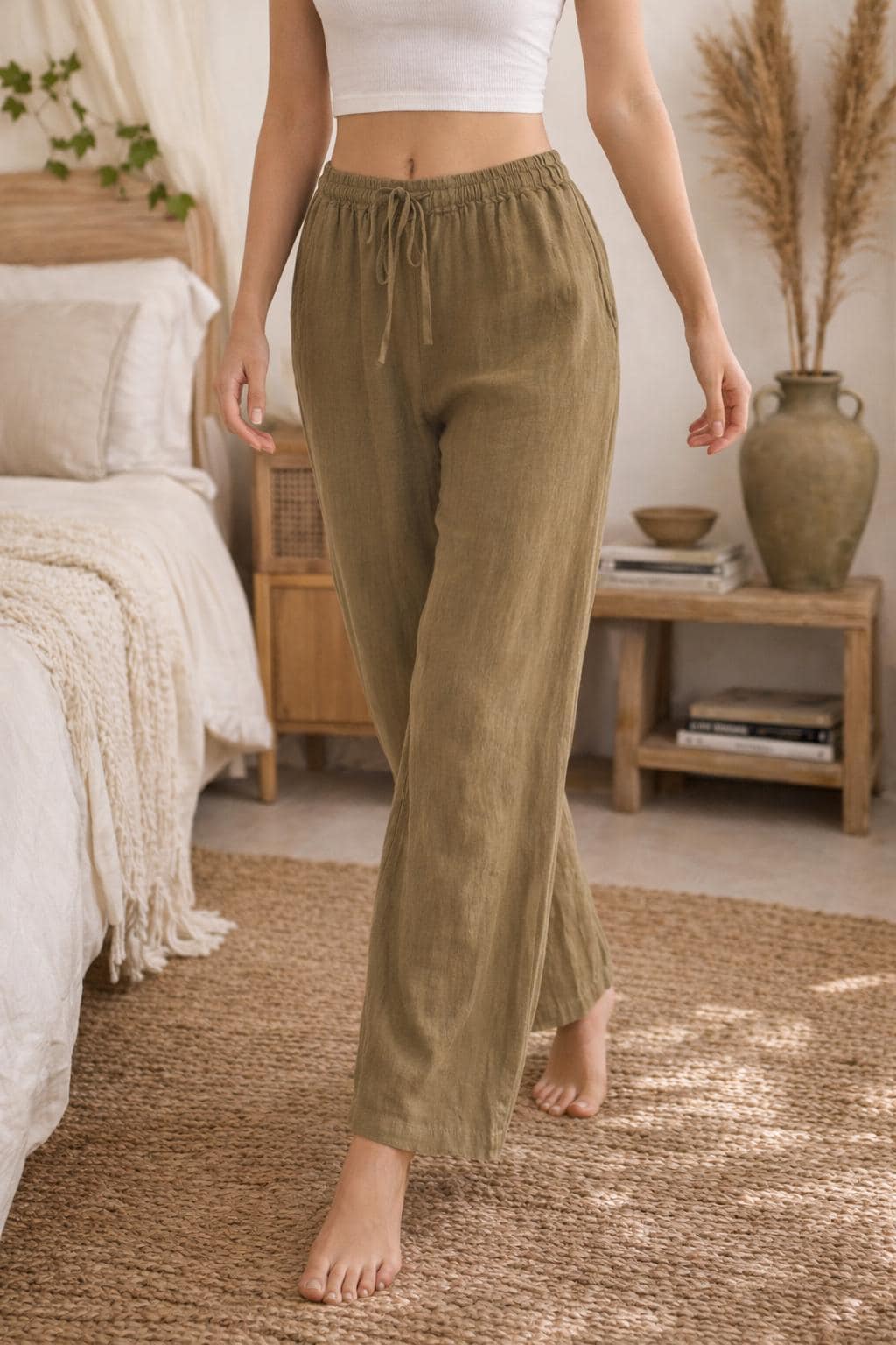Linen Trousers Women Relaxed Fit Drawstring Wide Leg Pants