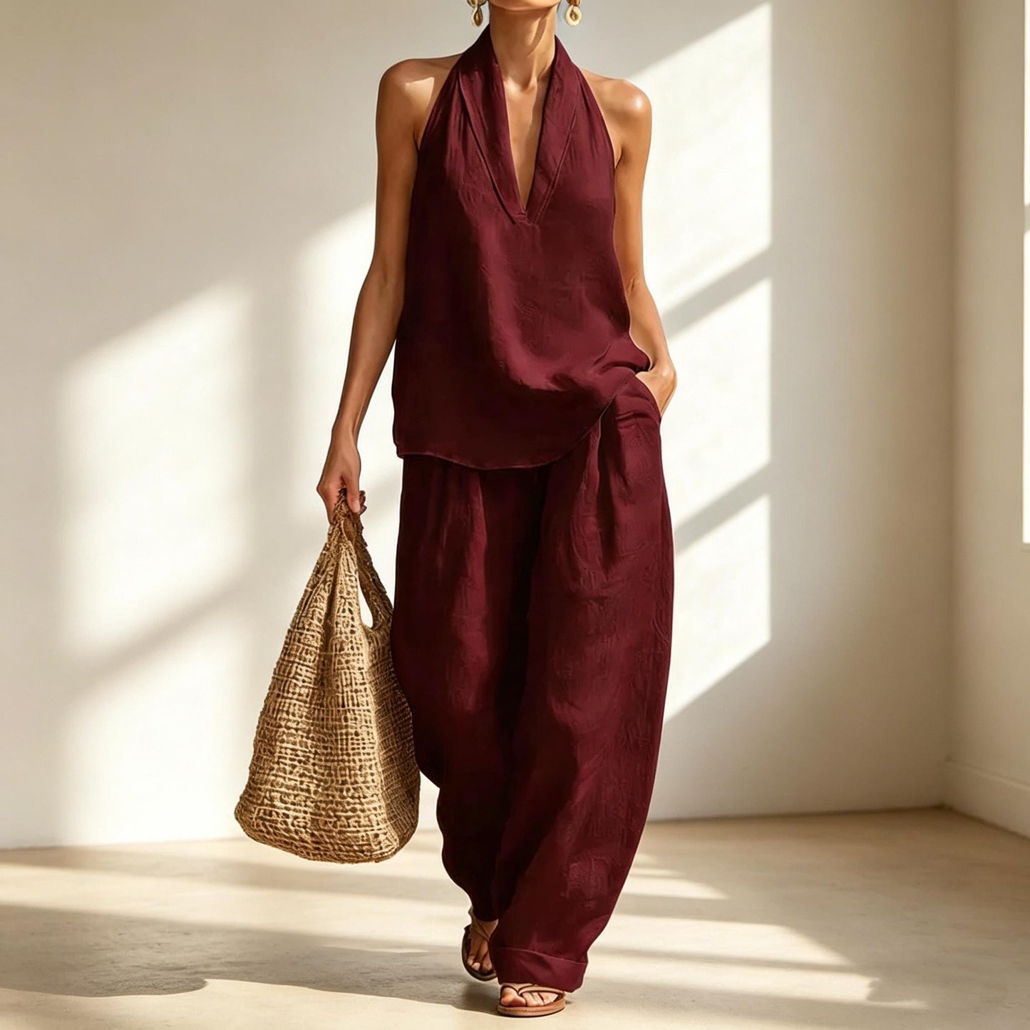 Handmade Cotton Linen Sleeveless Suit Wide Leg Pants Summer Set
