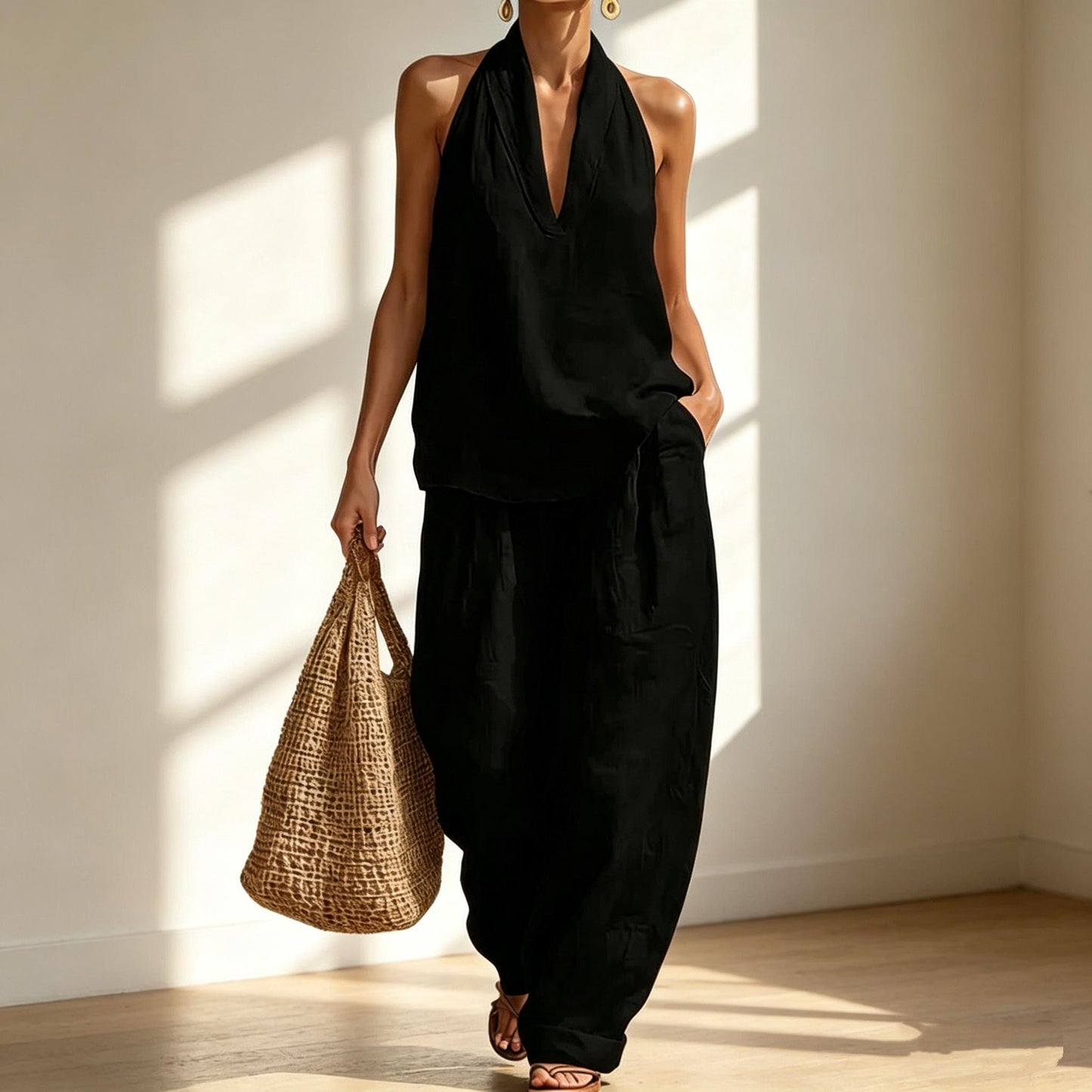 Handmade Cotton Linen Sleeveless Suit Wide Leg Pants Summer Set