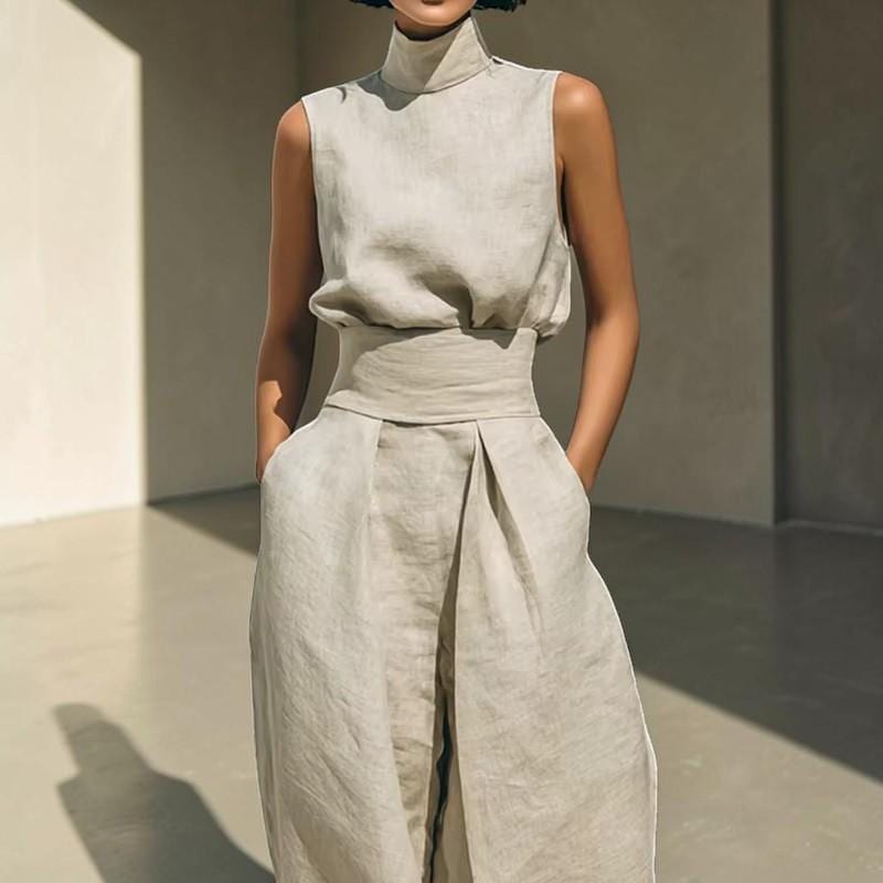 Women's Sleeveless Turtleneck Two Piece Set Wide Leg Pants Casual