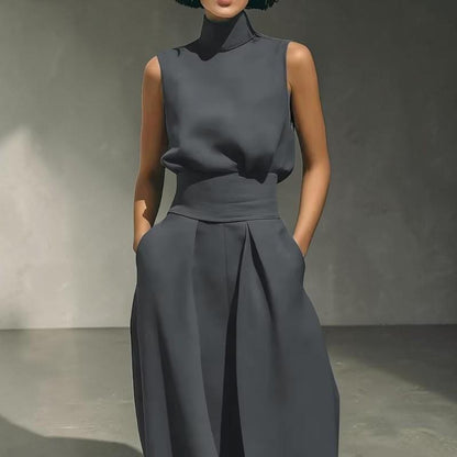 Women's Sleeveless Turtleneck Two Piece Set Wide Leg Pants Casual