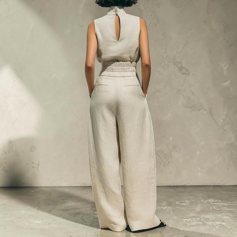 Women's Sleeveless Turtleneck Two Piece Set Wide Leg Pants Casual