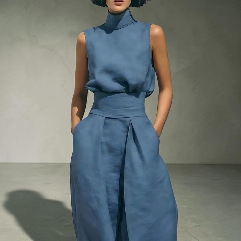 Women's Sleeveless Turtleneck Two Piece Set Wide Leg Pants Casual