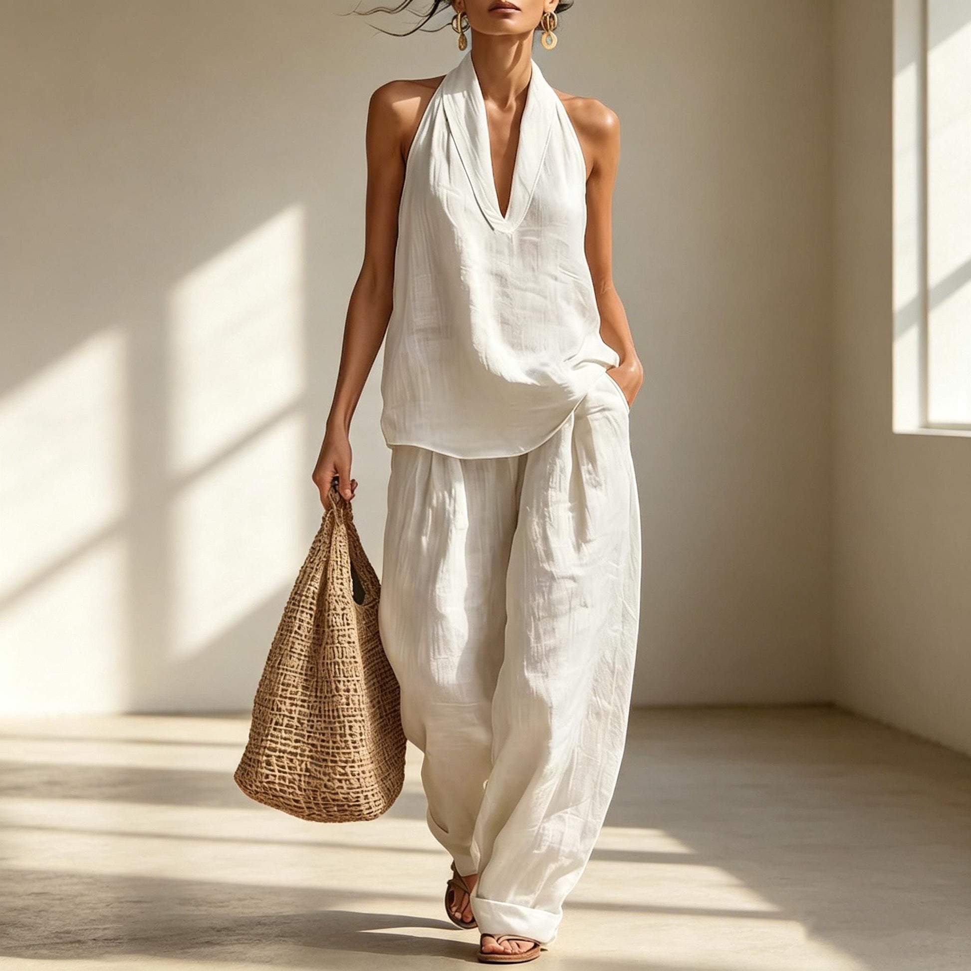 Handmade Cotton Linen Sleeveless Suit Wide Leg Pants Summer Set