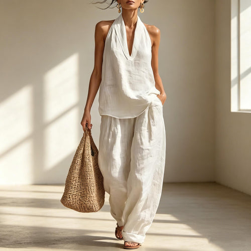Handmade Cotton Linen Sleeveless Suit Wide Leg Pants Summer Set