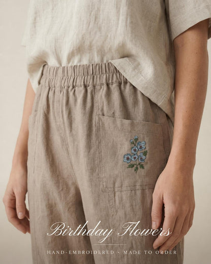 Linenia Women's High-Waist Linen Pants with Embroidered Flowers