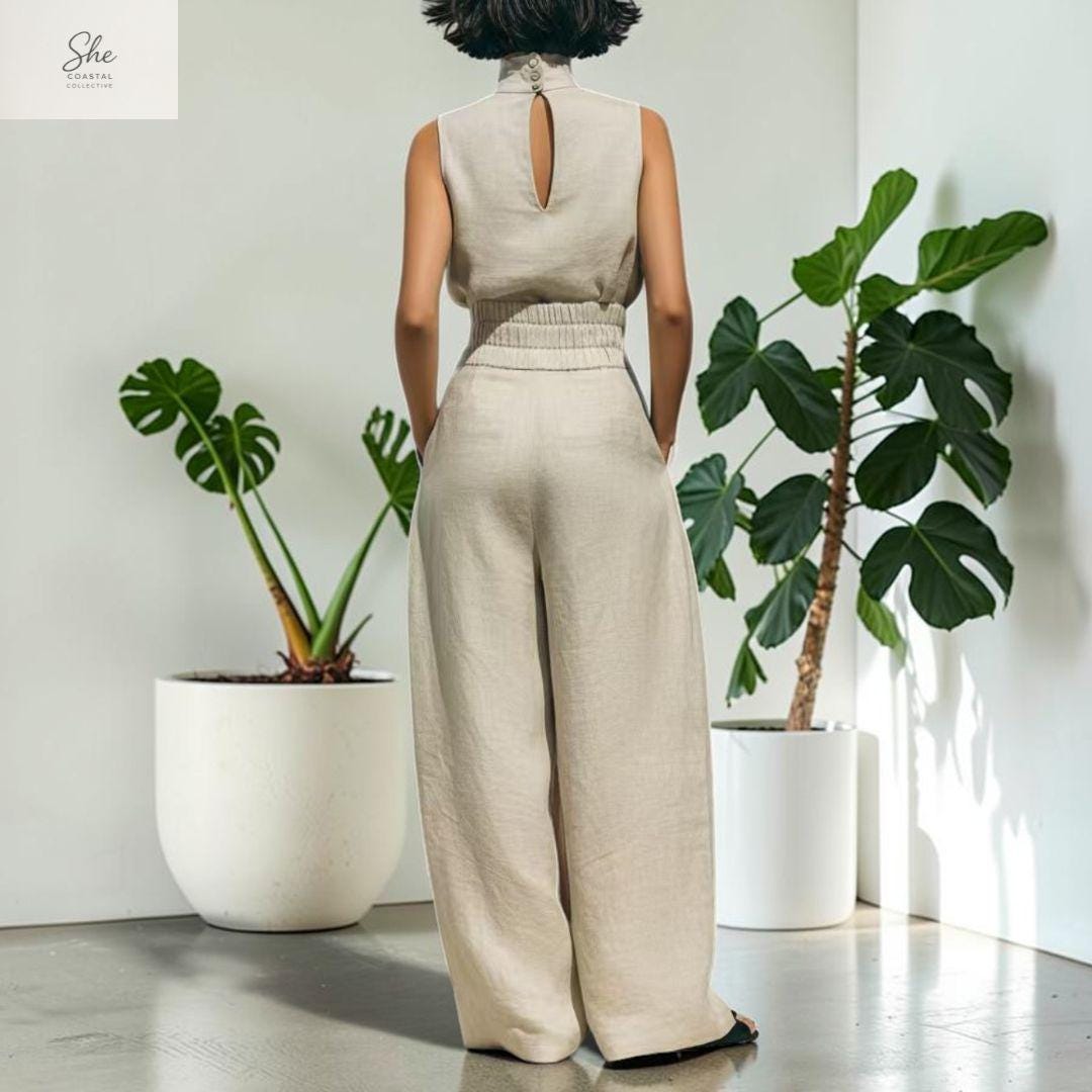 She Coastal Collective Sleeveless Linen Two Piece Wide Leg Set