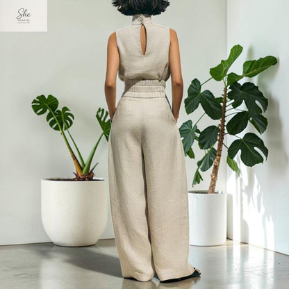She Coastal Collective Sleeveless Linen Two Piece Wide Leg Set