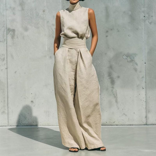 Women's Sleeveless Turtleneck Two Piece Set Wide Leg Pants Casual