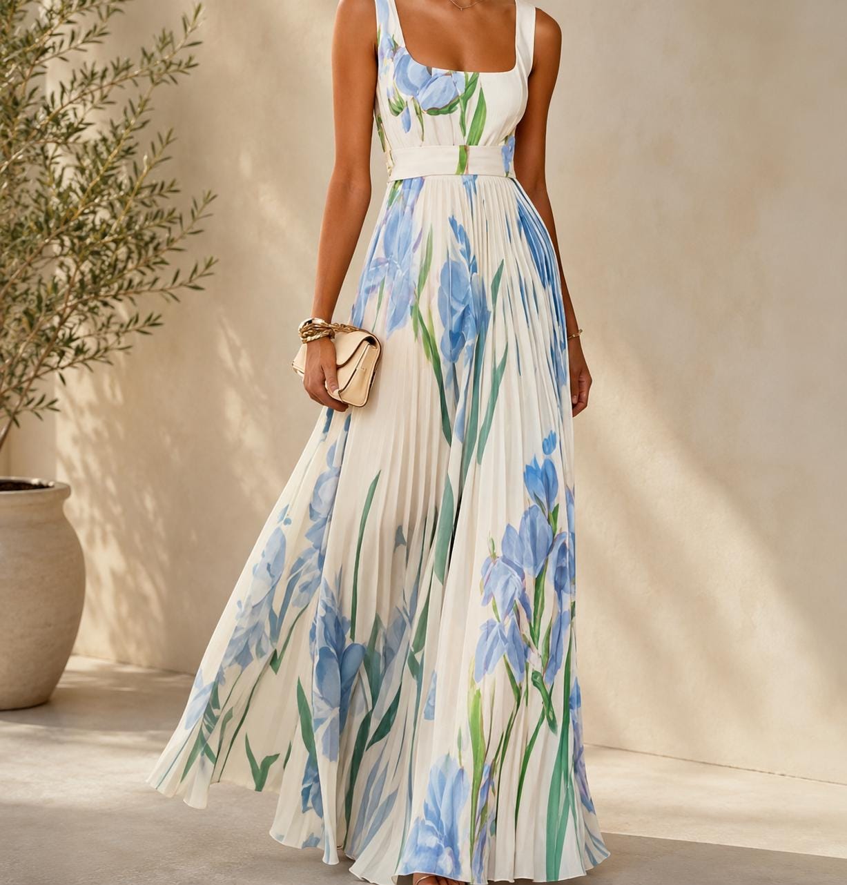 Elegant Floral Pleated Maxi Dress Sleeveless Evening Gown