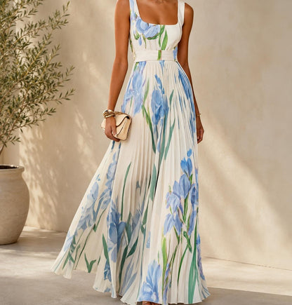 Elegant Floral Pleated Maxi Dress Sleeveless Evening Gown