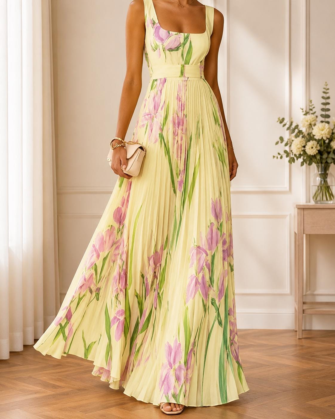 Elegant Floral Pleated Maxi Dress Sleeveless Evening Gown