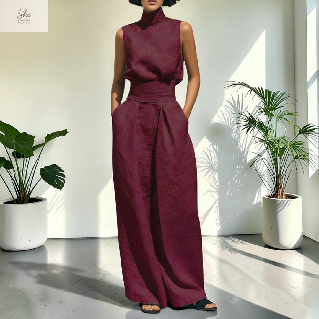 She Coastal Collective Sleeveless Linen Two Piece Wide Leg Set