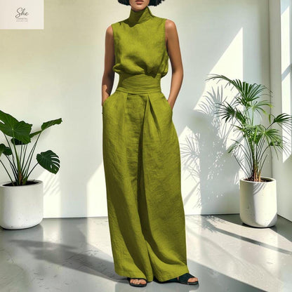 She Coastal Collective Sleeveless Linen Two Piece Wide Leg Set