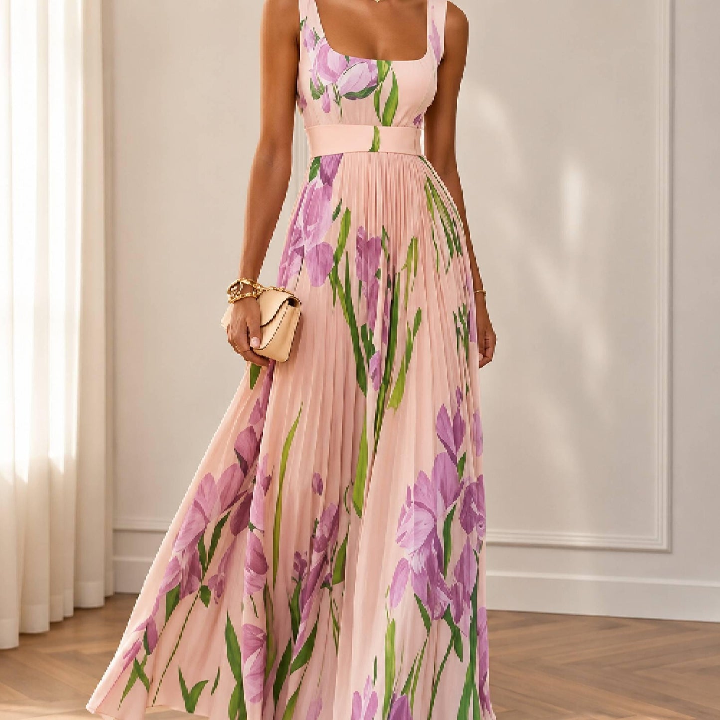 Elegant Floral Pleated Maxi Dress Sleeveless Evening Gown