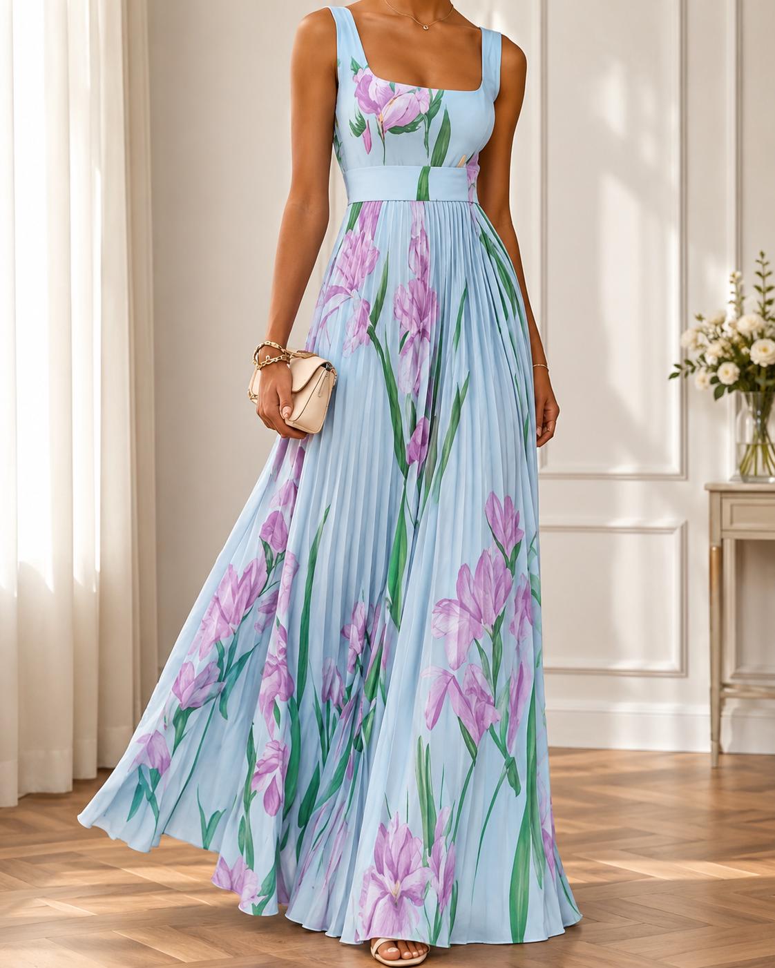 Elegant Floral Pleated Maxi Dress Sleeveless Evening Gown