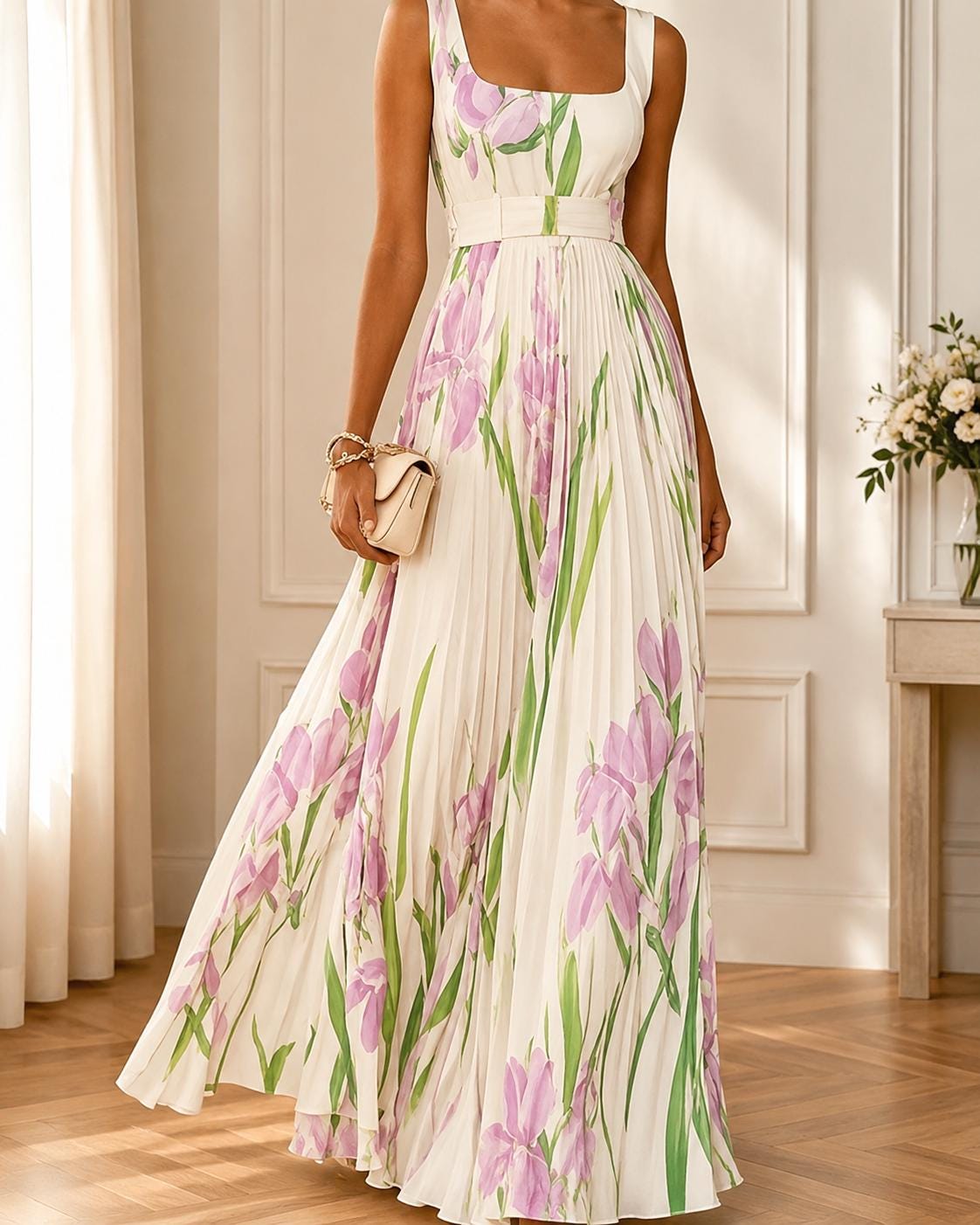Elegant Floral Pleated Maxi Dress Sleeveless Evening Gown