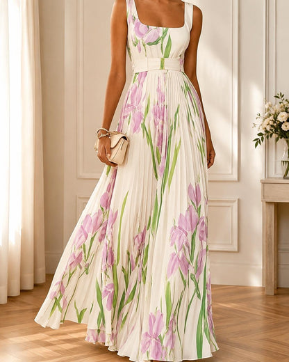 Elegant Floral Pleated Maxi Dress Sleeveless Evening Gown