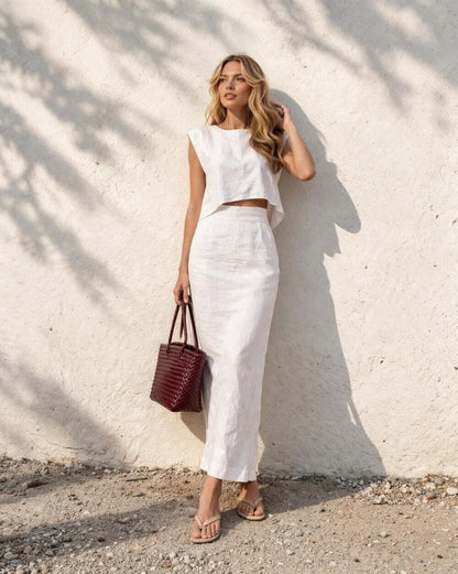 AvielleAtelierCo Linen Two Piece Set Crop Top Maxi Skirt White