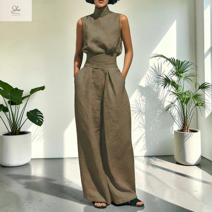 She Coastal Collective Sleeveless Linen Two Piece Wide Leg Set