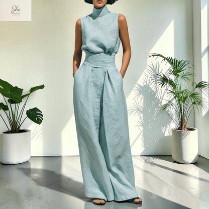 She Coastal Collective Sleeveless Linen Two Piece Wide Leg Set