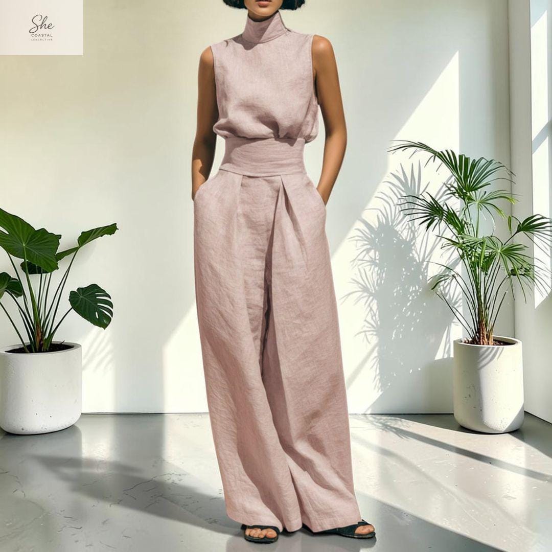 She Coastal Collective Sleeveless Linen Two Piece Wide Leg Set