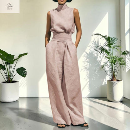 She Coastal Collective Sleeveless Linen Two Piece Wide Leg Set