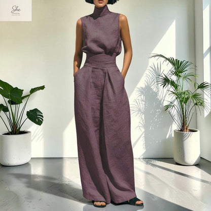 She Coastal Collective Sleeveless Linen Two Piece Wide Leg Set
